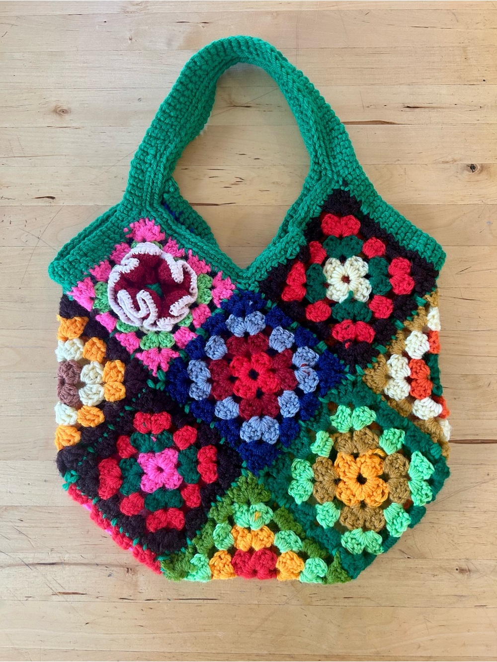 Vibrant Vintage Style Crochet Granny Square Tote Floral Patchwork Cottagecore